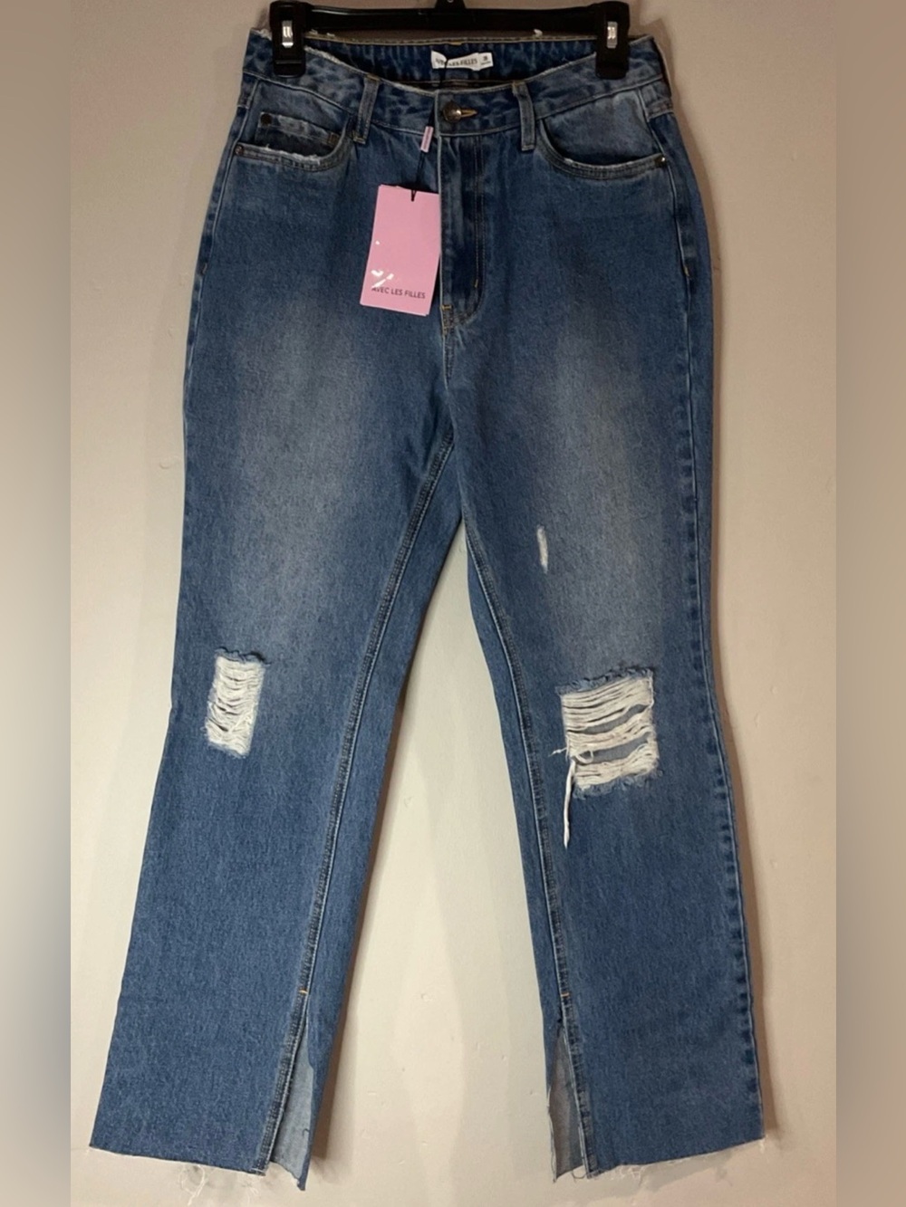 Avec Les Filles Women's High-Rise Straight Leg Cropped Raw Hem Blue Jeans Sz 28